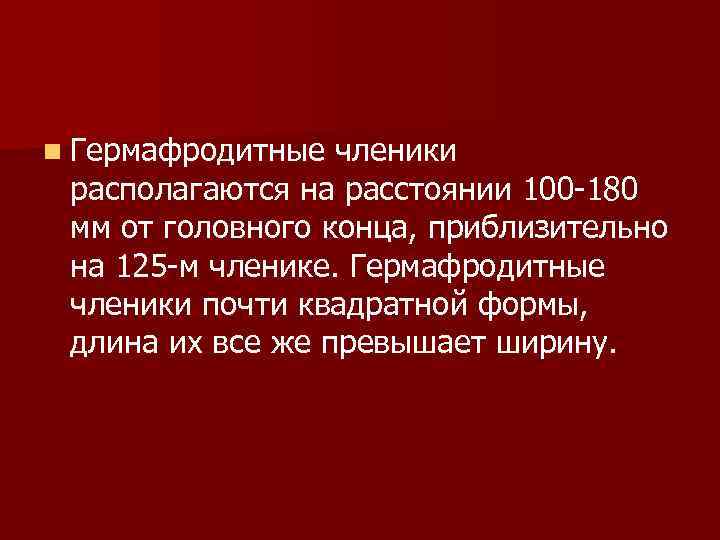 n Гермафродитные членики располагаются на расстоянии 100 -180 мм от головного конца, приблизительно на