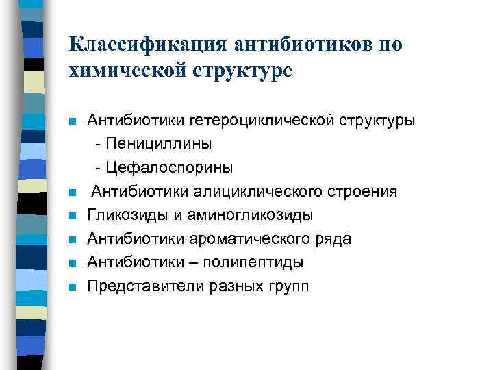 Классификация антибиотиков по химической структуре Антибиотики гетероциклической структуры - Пенициллины - Цефалоспорины n Антибиотики