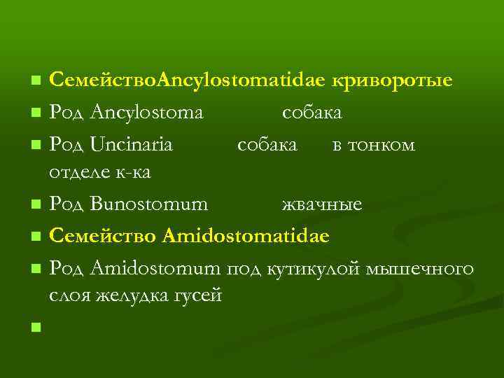 Семейство. Ancylostomatidae криворотые n Род Ancylostoma собака n Род Uncinaria собака в тонком отделе
