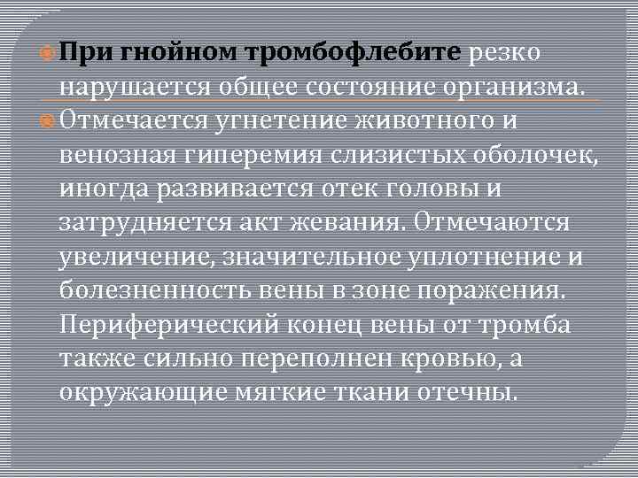  При гнойном тромбофлебите резко нарушается общее состояние организма. Отмечается угнетение животного и венозная