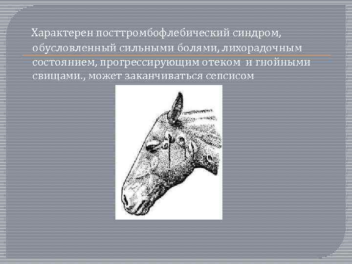  Характерен посттромбофлебический синдром, обусловленный сильными болями, лихорадочным состоянием, прогрессирующим отеком и гнойными свищами.
