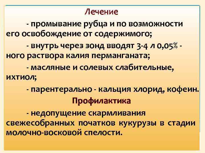 Лечение промывание рубца и по возможности его освобождение от содержимого; внутрь через зонд вводят
