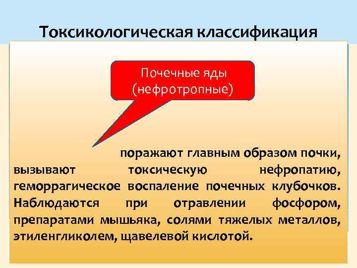 Токсикологическая классификация Почечные яды (нефротропные) поражают главным образом почки, вызывают токсическую нефропатию, геморрагическое воспаление