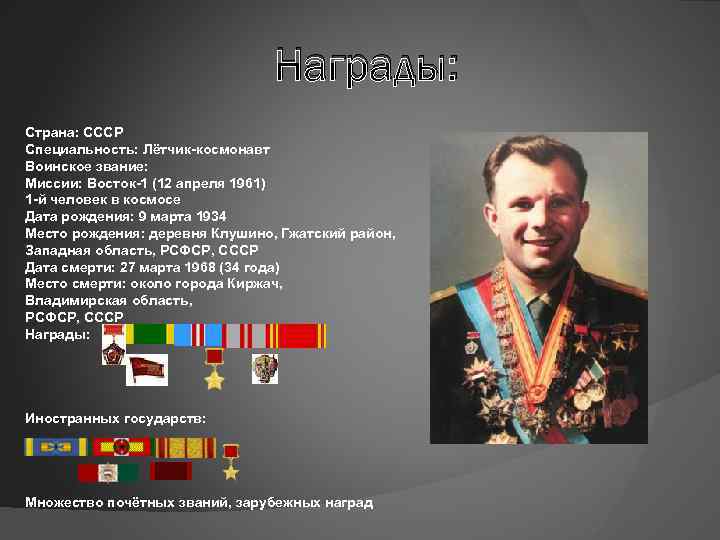 Награды: Страна: СССР Специальность: Лётчик-космонавт Воинское звание: Миссии: Восток-1 (12 апреля 1961) 1 -й