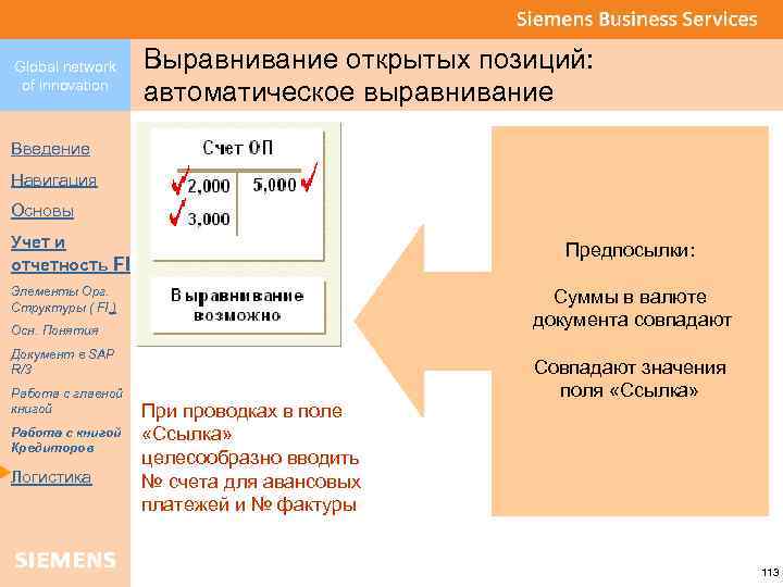 Global network of innovation Выравнивание открытых позиций: автоматическое выравнивание Введение Навигация Основы Учет и