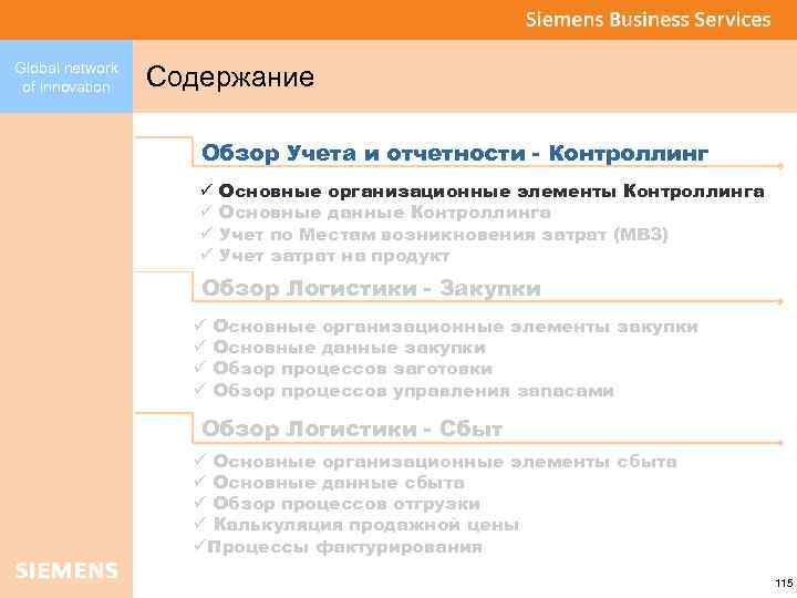 Global network of innovation Содержание Обзор Учета и отчетности - Контроллинг ü ü Основные