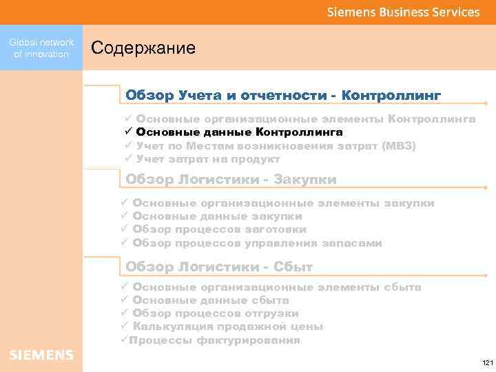 Global network of innovation Содержание Обзор Учета и отчетности - Контроллинг ü ü Основные