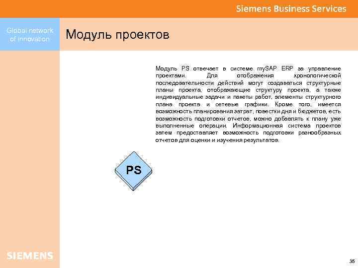 Global network of innovation Модуль проектов Модуль PS отвечает в системе my. SAP ERP