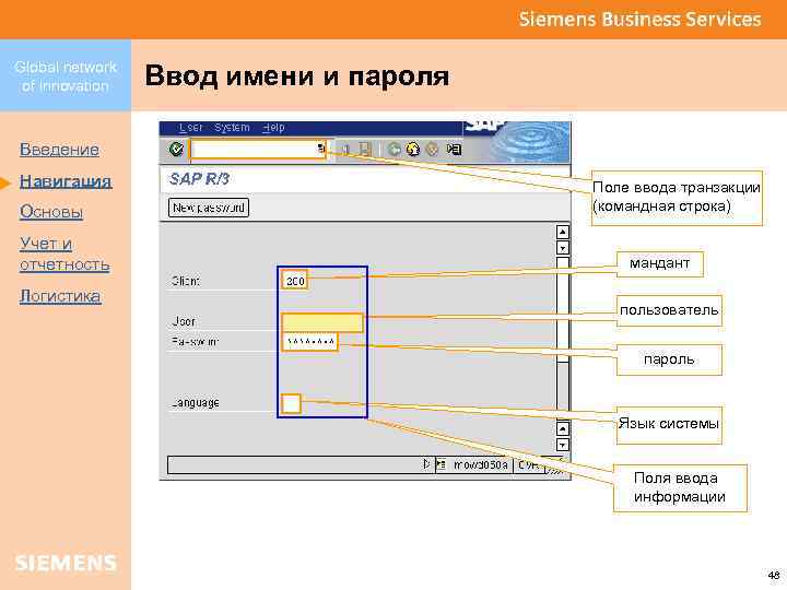 Global network of innovation Ввод имени и пароля Введение Навигация Основы Учет и отчетность