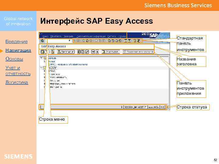 Global network of innovation Интерфейс SAP Easy Access Стандартная панель инструментов Введение Навигация Основы