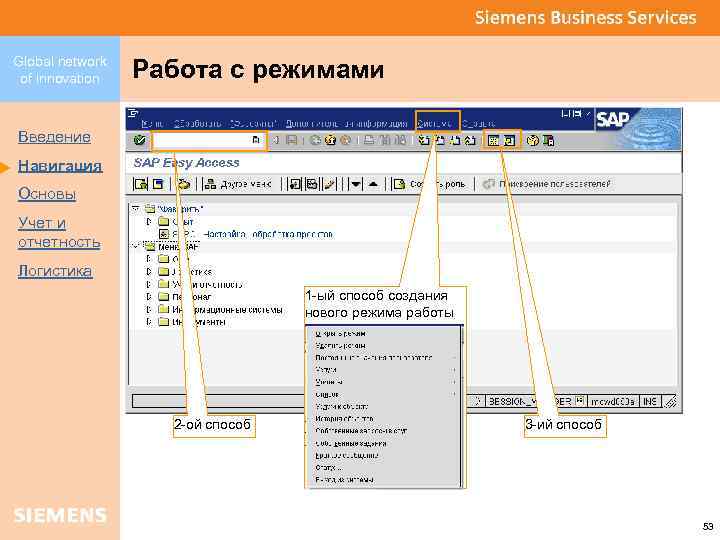 Global network of innovation Работа с режимами Введение Навигация Основы Учет и отчетность Логистика