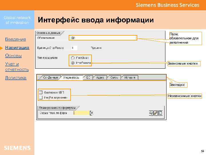Global network of innovation Введение Интерфейс ввода информации Поле, обязательное для заполнения Навигация Основы