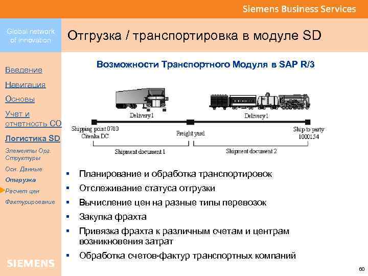 Global network of innovation Отгрузка / транспортировка в модуле SD Возможности Транспортного Модуля в