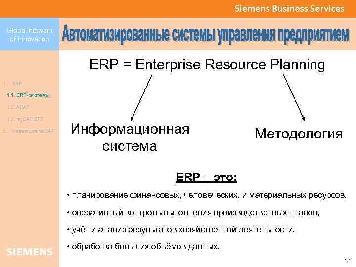 Global network of innovation ERP = Enterprise Resource Planning 1. SAP 1. 1. ЕRP-системы