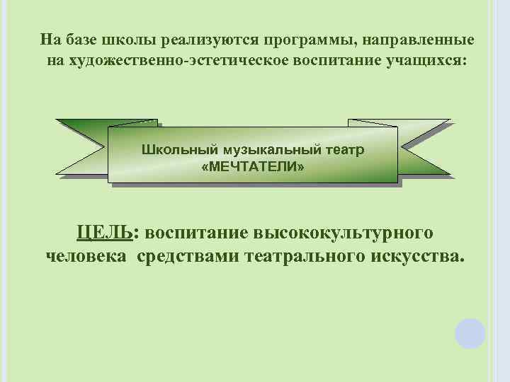 На базе школы реализуются программы, направленные на художественно-эстетическое воспитание учащихся: Школьный музыкальный театр «МЕЧТАТЕЛИ»