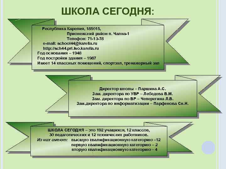ШКОЛА СЕГОДНЯ: Республика Карелия, 185015, Прионежский район п. Чална-1 Телефон: 71 -13 -78 e-mail:
