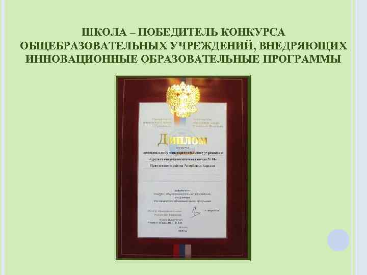 ШКОЛА – ПОБЕДИТЕЛЬ КОНКУРСА ОБЩЕБРАЗОВАТЕЛЬНЫХ УЧРЕЖДЕНИЙ, ВНЕДРЯЮЩИХ ИННОВАЦИОННЫЕ ОБРАЗОВАТЕЛЬНЫЕ ПРОГРАММЫ 