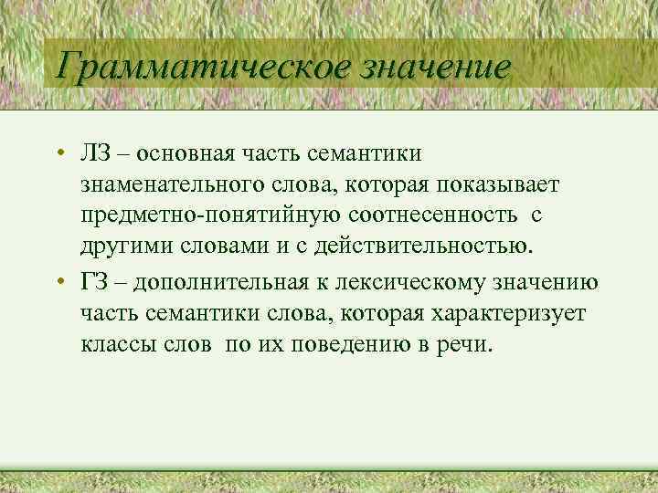 Грамматическое значение • ЛЗ – основная часть семантики знаменательного слова, которая показывает предметно-понятийную соотнесенность