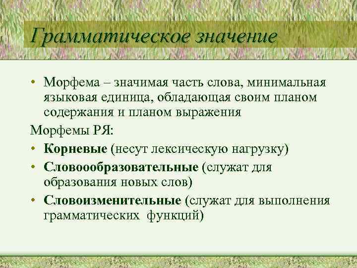 Какое грамматическое значение. Грамматическое значение морфем. Грамматические функции морфем. Грамматическое значение Морфеи. Грамматические морфемы.