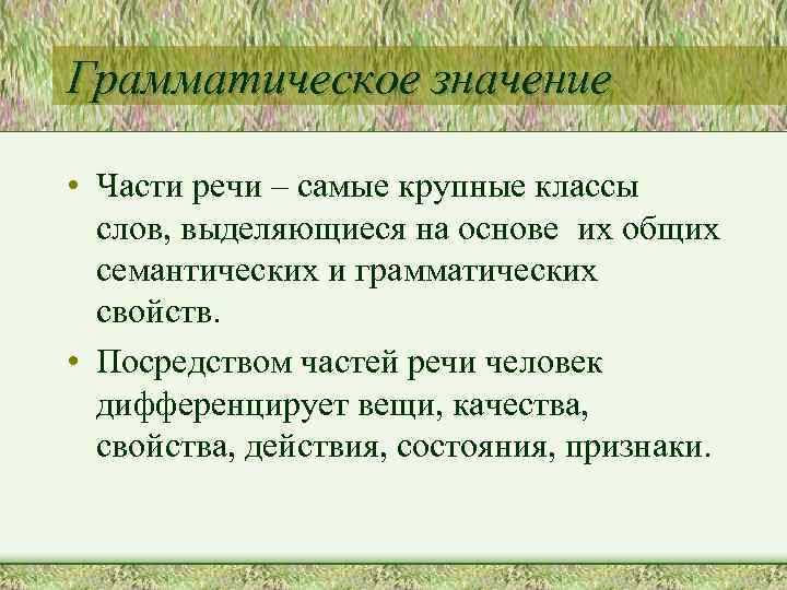 Грамматическое значение • Части речи – самые крупные классы слов, выделяющиеся на основе их