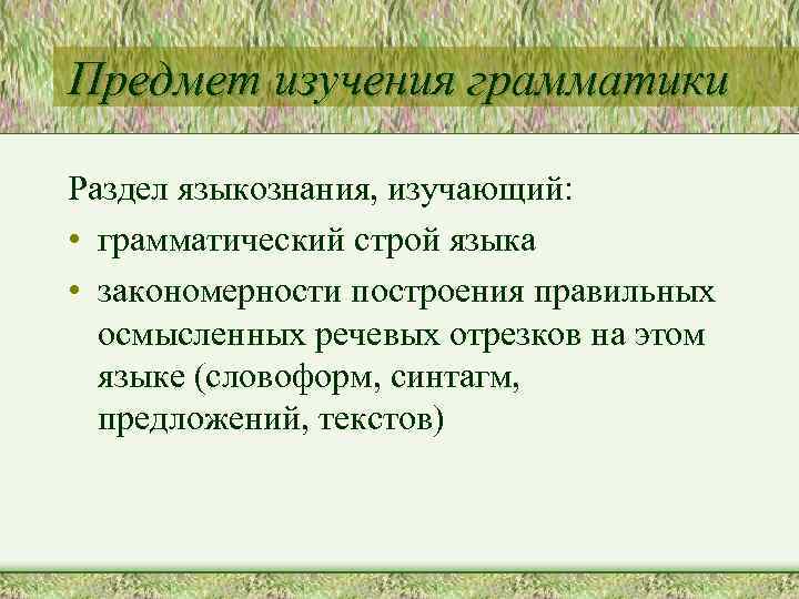 Предмет изучения грамматики Раздел языкознания, изучающий: • грамматический строй языка • закономерности построения правильных