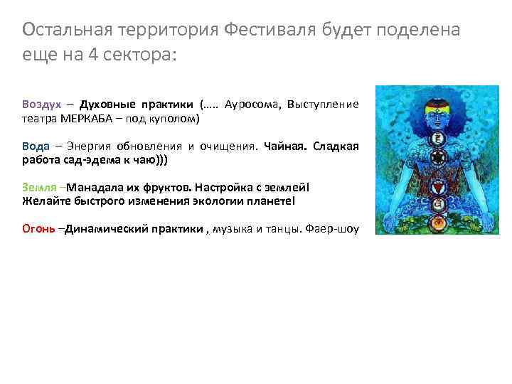 Остальная территория Фестиваля будет поделена еще на 4 сектора: Воздух – Духовные практики (….