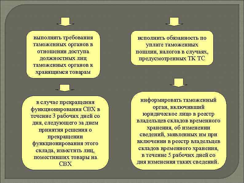 выполнять требования таможенных органов в отношении доступа должностных лиц таможенных органов к хранящимся товарам