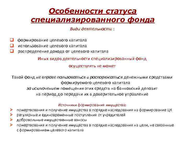 Особенности статуса специализированного фонда Виды деятельности : q формирование целевого капитала q использование целевого