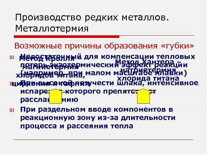 Производство редких металлов. Металлотермия Возможные причины образования «губки» Недостаточный Метод Кролля – для компенсации