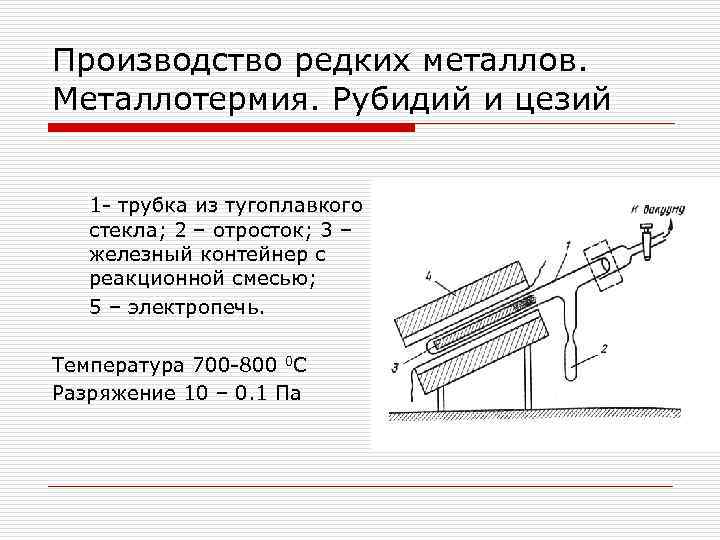Производство редких металлов. Металлотермия. Рубидий и цезий 1 - трубка из тугоплавкого стекла; 2