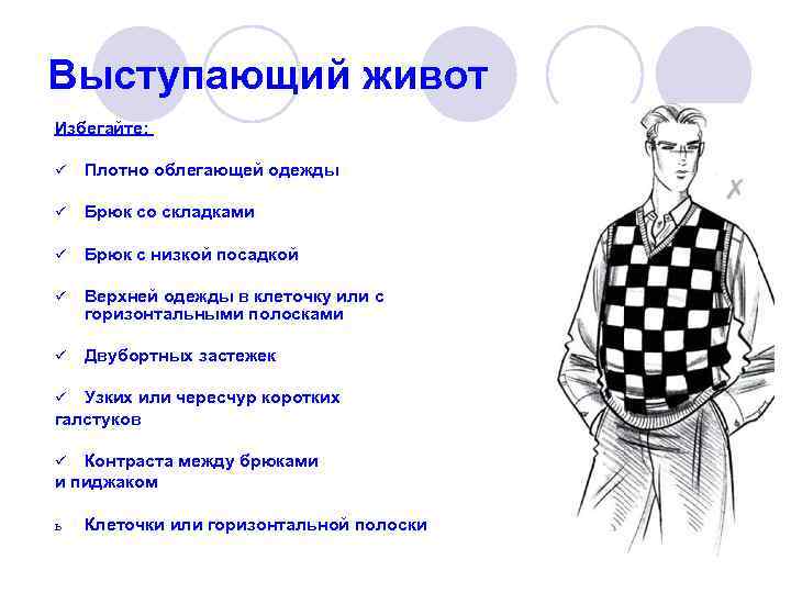 Выступающий живот Избегайте: ü Плотно облегающей одежды ü Брюк со складками ü Брюк с