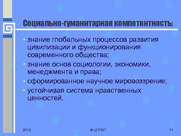 Социально-гуманитарная компетентность: • знание глобальных процессов развития цивилизации и функционирования современного общества; • знание