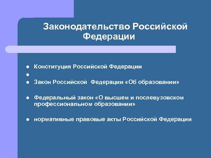 Законодательство Российской Федерации l Конституция Российской Федерации l l Закон Российской Федерации «Об образовании»