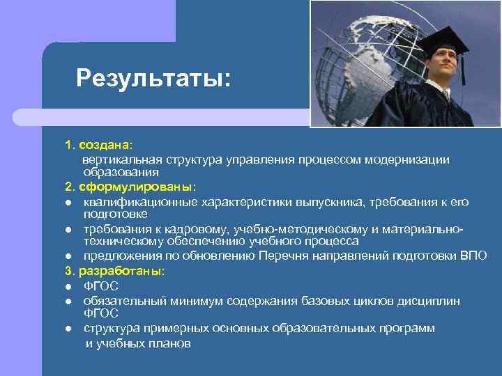 Результаты: 1. создана: вертикальная структура управления процессом модернизации образования 2. сформулированы: l квалификационные характеристики