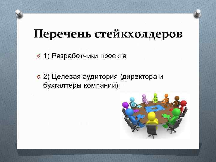 Перечень стейкхолдеров O 1) Разработчики проекта O 2) Целевая аудитория (директора и бухгалтеры компаний)