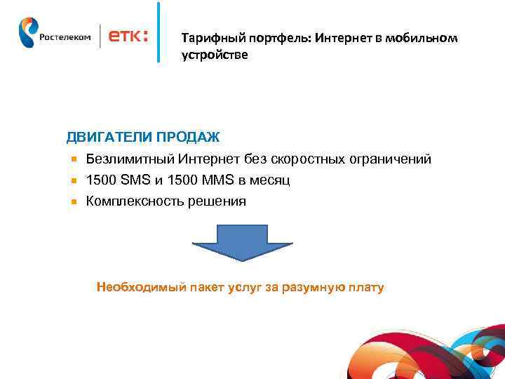 Тарифный портфель: Интернет в мобильном устройстве ДВИГАТЕЛИ ПРОДАЖ Безлимитный Интернет без скоростных ограничений 1500