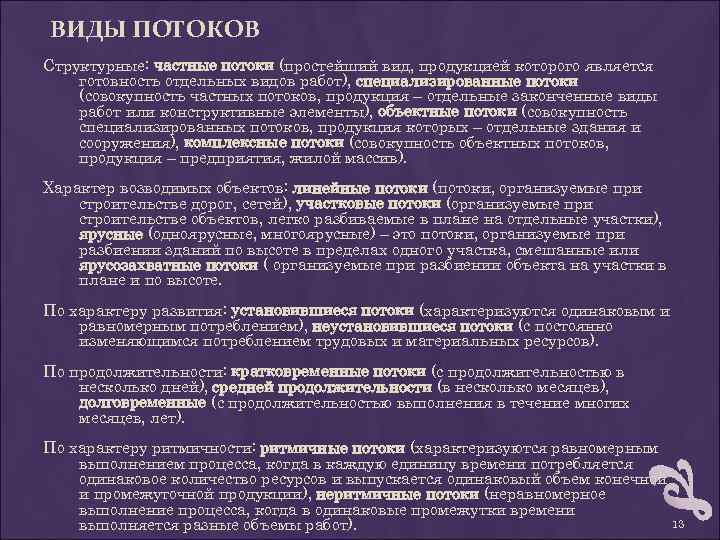 ВИДЫ ПОТОКОВ Структурные: частные потоки (простейший вид, продукцией которого является готовность отдельных видов работ),