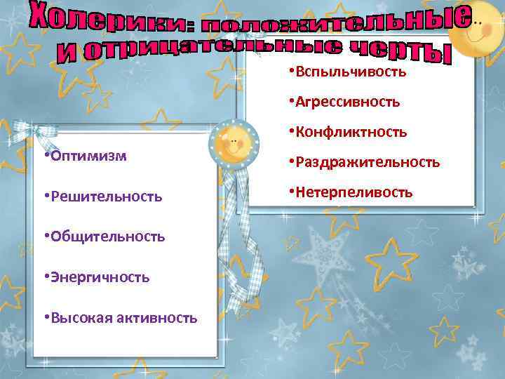  • Вспыльчивость • Агрессивность • Конфликтность • Оптимизм • Раздражительность • Решительность •