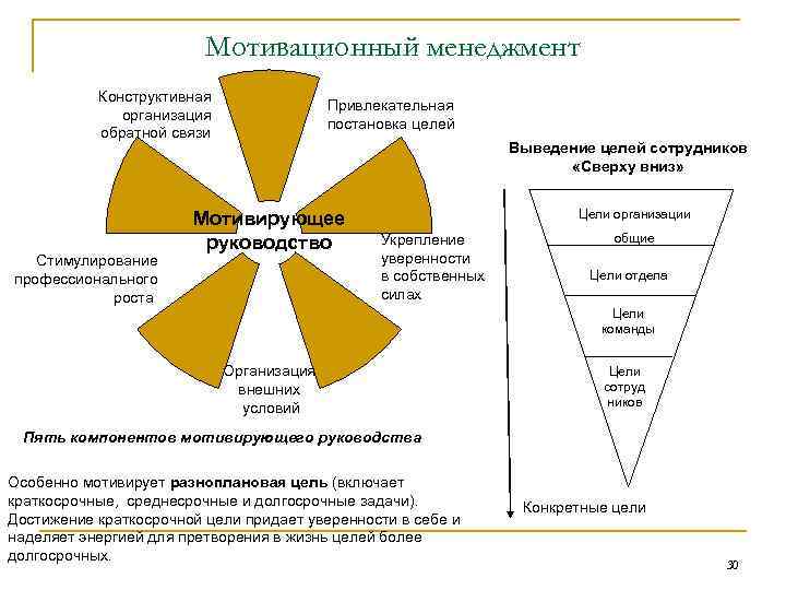 Мотивационный менеджмент Конструктивная организация обратной связи Стимулирование профессионального роста Привлекательная постановка целей Выведение целей