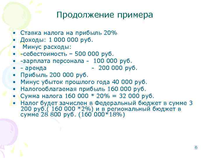 Продолжение примера • • • Ставка налога на прибыль 20% Доходы: 1 000 руб.