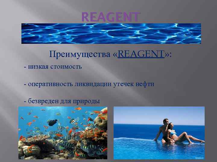 REAGENT Преимущества «REAGENT» : - низкая стоимость - оперативность ликвидации утечек нефти - безвреден