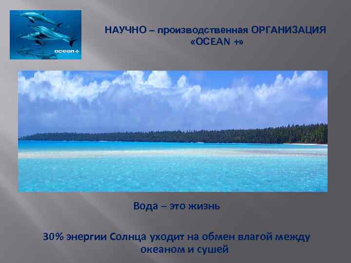 НАУЧНО – производственная ОРГАНИЗАЦИЯ «OСEAN +» Вода – это жизнь 30% энергии Солнца уходит