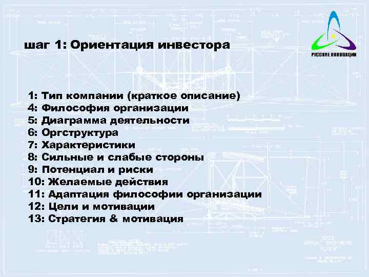 шаг 1: Ориентация инвестора 1: Тип компании (краткое описание) 4: Философия организации 5: Диаграмма