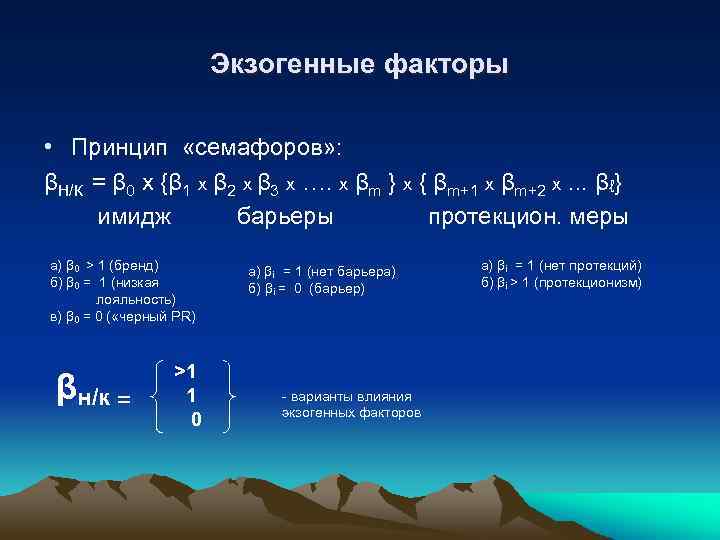 Экзогенные факторы • Принцип «семафоров» : βН/К = β 0 х {β 1 x