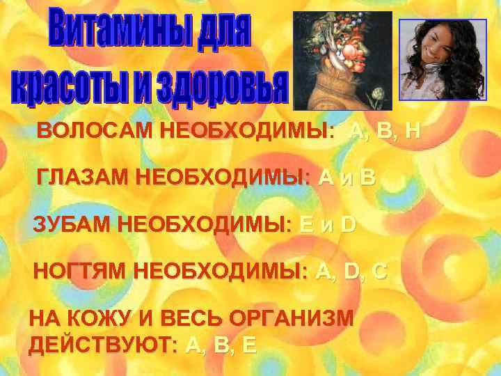 ВОЛОСАМ НЕОБХОДИМЫ: А, В, Н НЕОБХОДИМЫ ГЛАЗАМ НЕОБХОДИМЫ: А и В ЗУБАМ НЕОБХОДИМЫ: Е