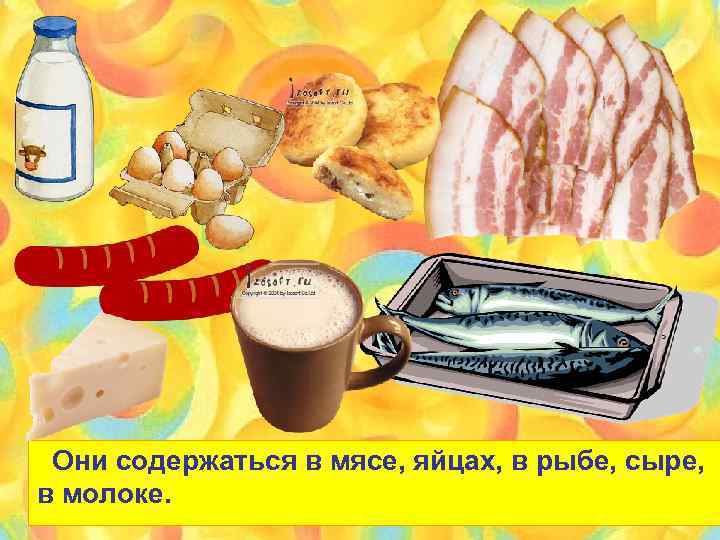 Они содержаться в мясе, яйцах, в рыбе, сыре, в молоке. 