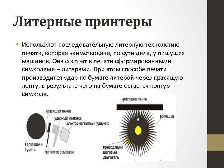 Литерные принтеры • Используют последовательную литерную технологию печати, которая заимствована, по сути дела, у