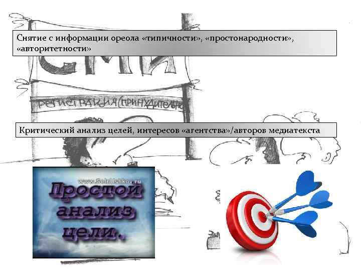 Снятие с информации ореола «типичности» , «простонародности» , «авторитетности» Критический анализ целей, интересов «агентства»