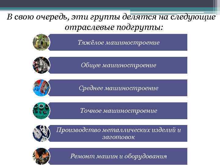 В свою очередь, эти группы делятся на следующие отраслевые подгруппы: Тяжёлое машиностроение Общее машиностроение