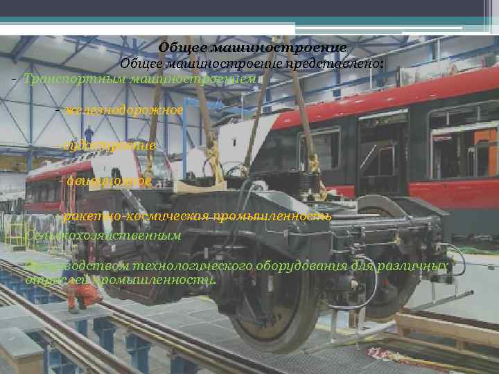 Общее машиностроение представлено: Транспортным машиностроением: железнодорожное судостроение авиационное ракетно космическая промышленность - Сельскохозяйственным Производством